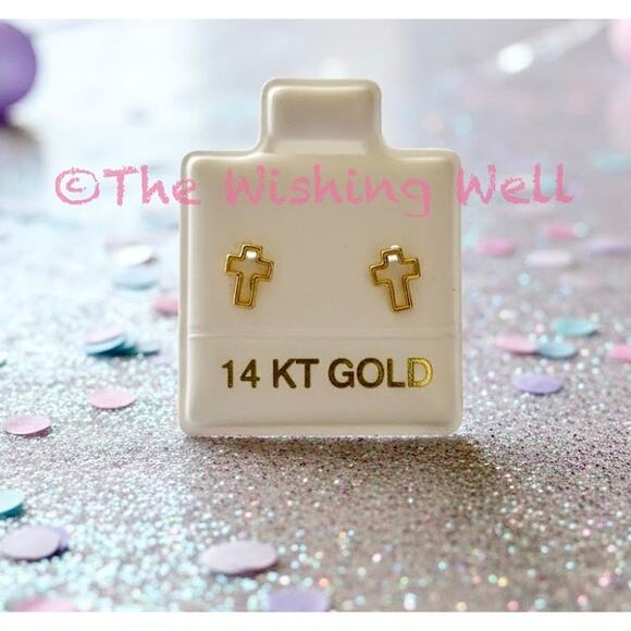 Sparkling 14K Solid Gold Silhouette Cross Stud Religious Earrings Dainty